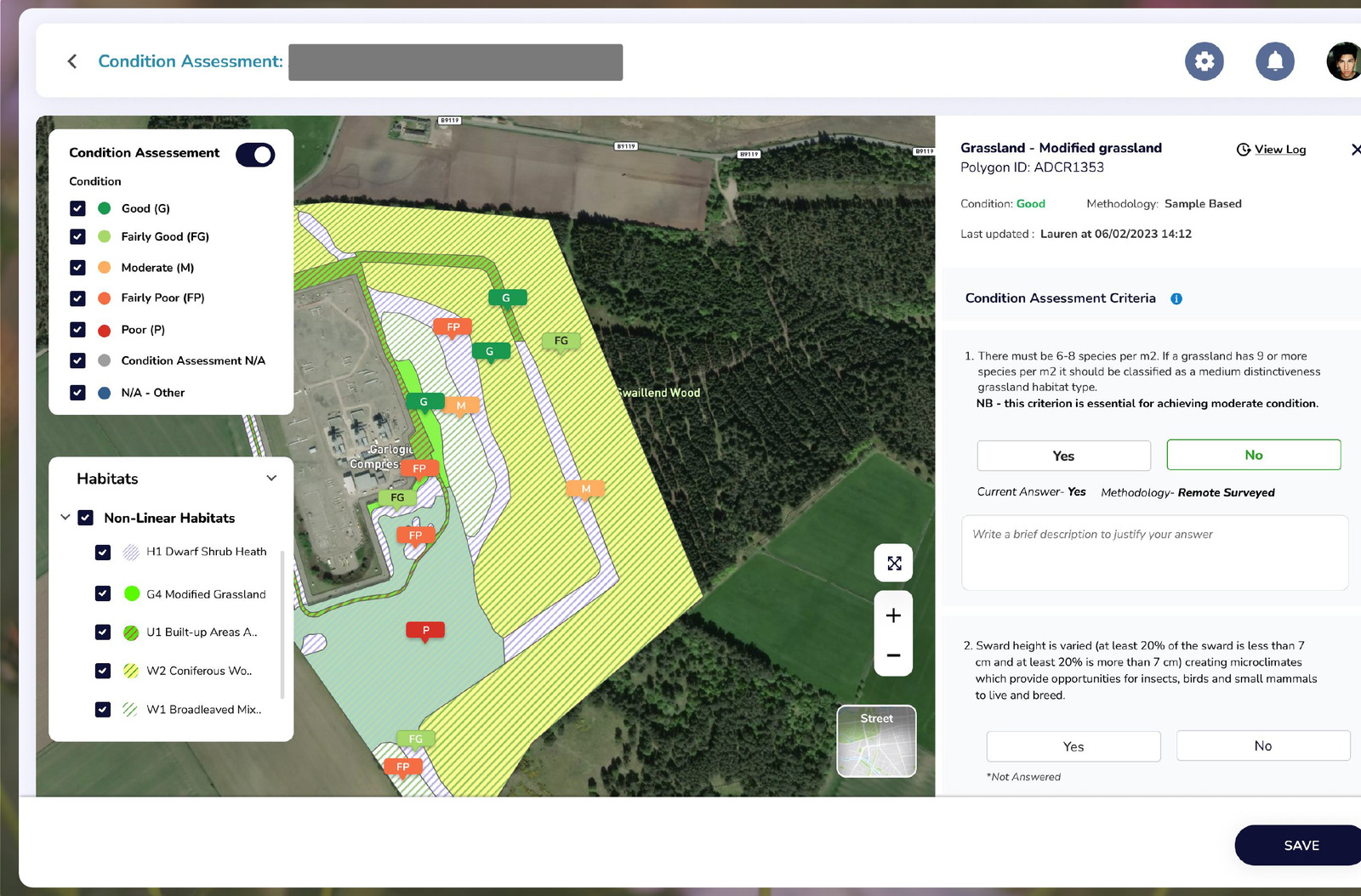 ISMS condition assessment panel showing AI classification and field-survey criteria with Yes/No answers