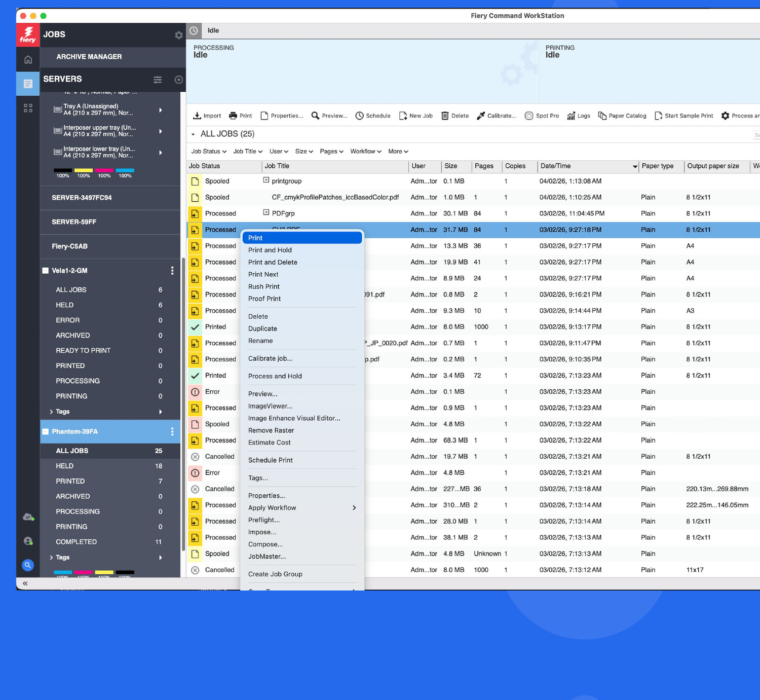 Fiery Command WorkStation with a long, dense right-click job-actions menu open