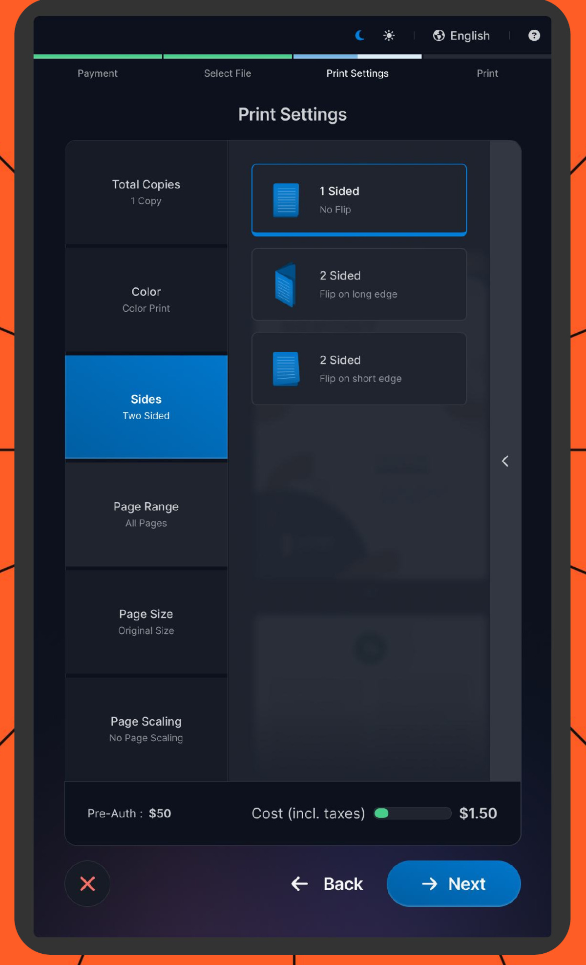 Final M700 print-settings screen with large tappable selection cells