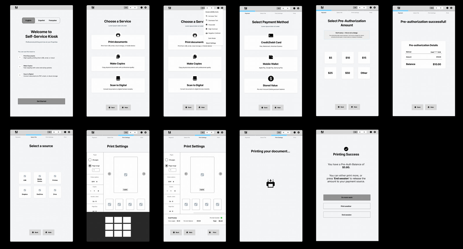 Initial low-fidelity wireframes of the M700 kiosk flow