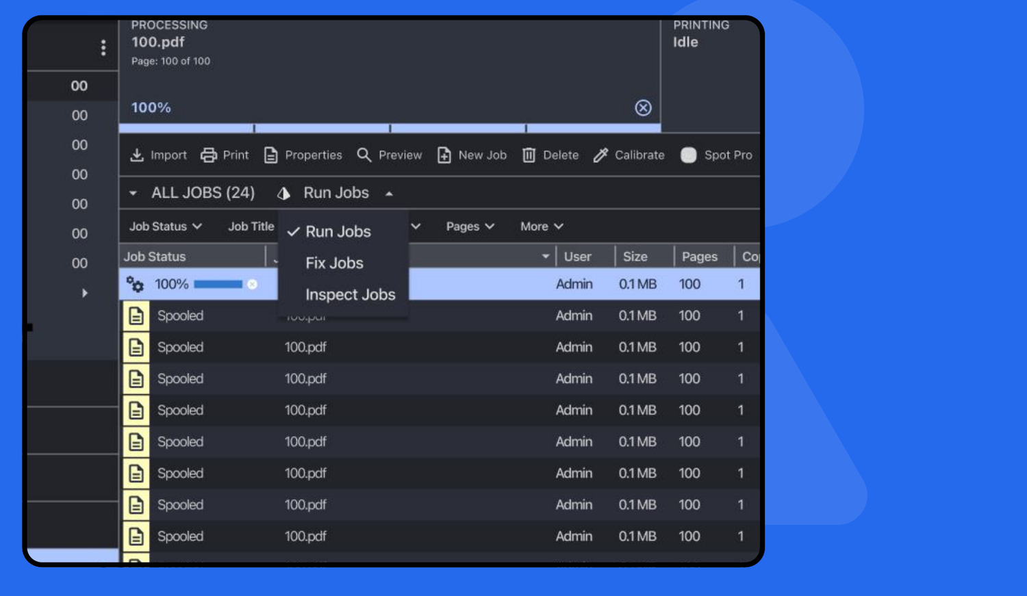 Fiery Command WorkStation with a mode selector offering Run Jobs, Fix Jobs, and Inspect Jobs